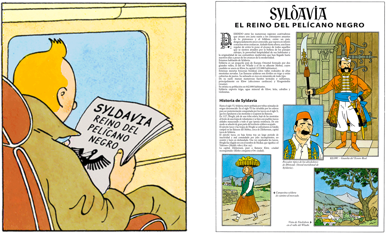Tintin lit le journal de la Syldavie royaume du pélican noir dans le Sceptre d'Ottokar par Hergé